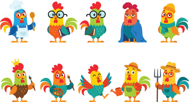 Cute Cartoon Rooster Character Collection with Chef, Student, King, Artist, Farmer, Gardener, and Funny Chicken Mascot Vector Set