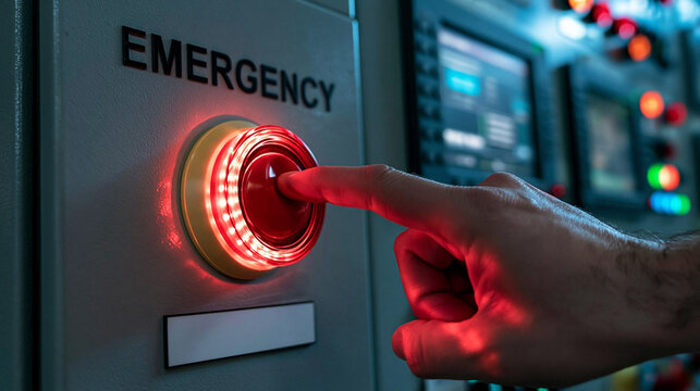 Emergency Button Activated: A hand presses a large, red, illuminated emergency button labeled EMERGENCY on a control panel, initiating a critical response.