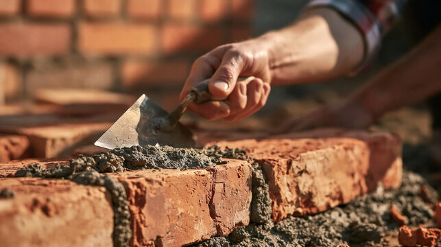 Bricklayer's Precision: A close-up shot showcases the skilled hands of a bricklayer meticulously applying mortar with a trowel to build a wall of red bricks, highlighting the craft and dedication.