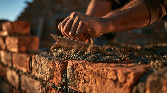 Bricklayer at Work: A close-up shot captures the skilled hands of a bricklayer meticulously laying bricks and applying mortar to construct a wall, showcasing the art of masonry.