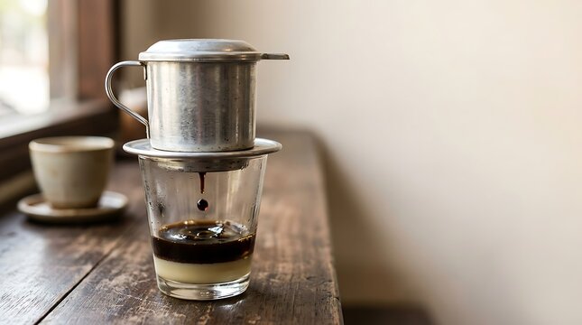 Traditional drip coffee with condensed milk on rustic wooden table