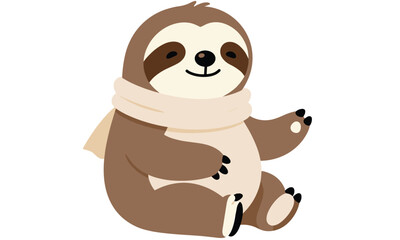 Obraz premium Adorable baby cartoon sloth wearing a cozy cream colored winter scarf while sitting on a clean white background.