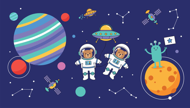 Cute bear astronauts floating in outer space near colorful planets, stars, satellites, and a friendly green alien.