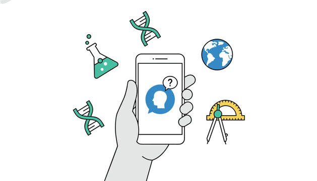 Smartphone held in hand displaying e-learning icons like science flask, DNA helix, world globe, and drawing compass.