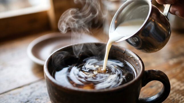 Pouring hot coffee a warm and inviting moment of morning ritual and relaxation