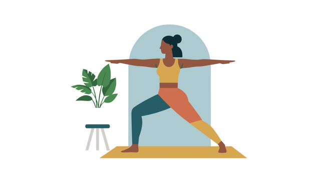 Young woman performing a peaceful yoga warrior pose on an orange mat next to a green indoor plant at home.