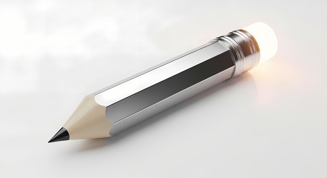Silver metallic pencil with white eraser on white surface with generated by AI