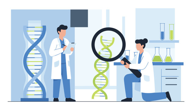 Male and female scientists in white coats examining DNA helix models inside a modern genetics research laboratory.