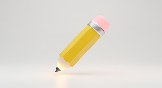 Minimalist yellow pencil with pink eraser floating 3D illustration