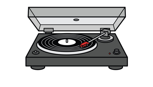 Classic black vinyl record player turntable with an open clear dust cover, viewed from the front perspective.