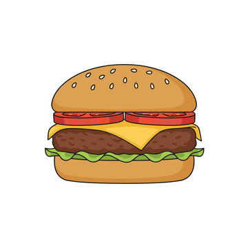 Mouthwatering hamburger with a sesame seed bun, sliced tomatoes, melted cheese, beef patty, and fresh lettuce.