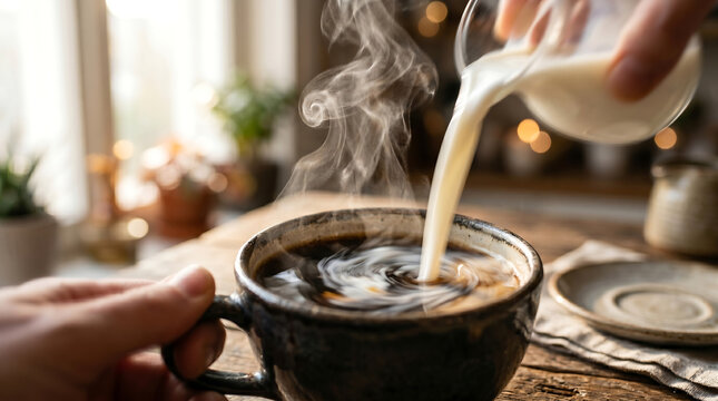 A hand pouring cream into a cup of coffee creating a warm and cozy scene