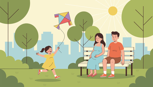 Pregnant mother and father watching their young daughter happily fly a colorful kite in a sunny city park.
