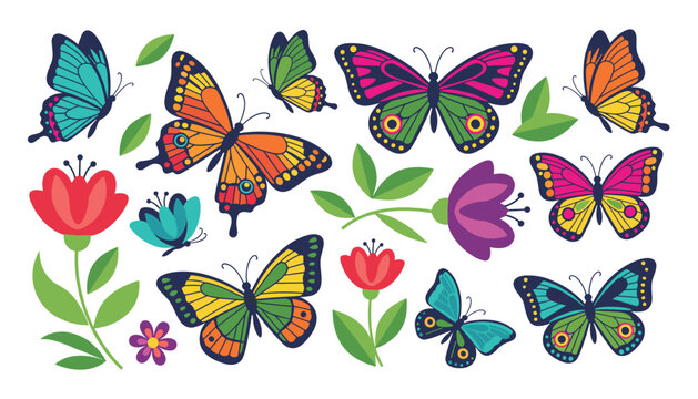 Beautiful collection of colorful cartoon butterflies and vibrant flowers isolated on a clean white background.