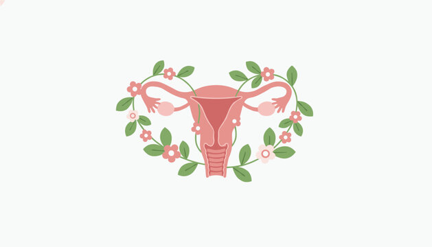 Female reproductive system illustration framed beautifully by a delicate wreath of green leaves and pink flowers.