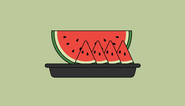 Freshly cut juicy watermelon slices neatly arranged on a dark serving tray against a soft green background.