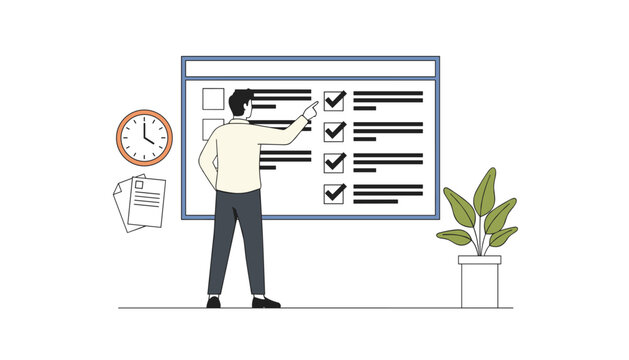 Focused businessman checking off tasks on a giant wall checklist next to an office clock and a potted plant.