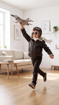 Little aviator boy imagines flying with his toy jet in a playful indoor scene
