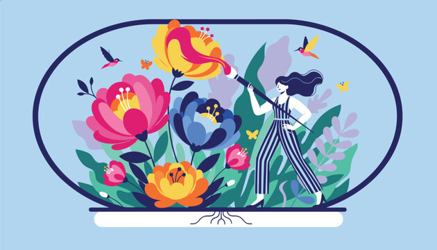 Creative female artist painting beautiful colorful flowers with a giant paintbrush inside a glass terrarium.