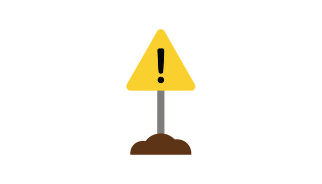Yellow triangle warning sign with exclamation mark standing in a pile of dirt against a white background.
