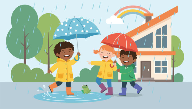 Happy children wearing raincoats and holding umbrellas while playing in water puddles on a rainy day.