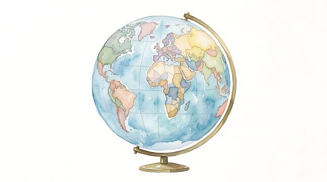 Hand-painted Watercolor World Globe Illustration on Elegant Golden Stand Isolated on White Background