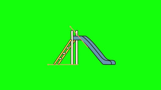 A yellow ladder and blue slide playground structure stands on a solid bright lime green background in clean vector style.  forming a perfect 45-degree angle.