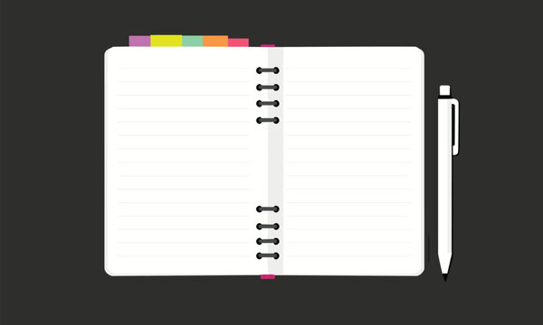 Open blank notebook with colorful divider tabs and a white pen beside it on a dark background represents office planning.