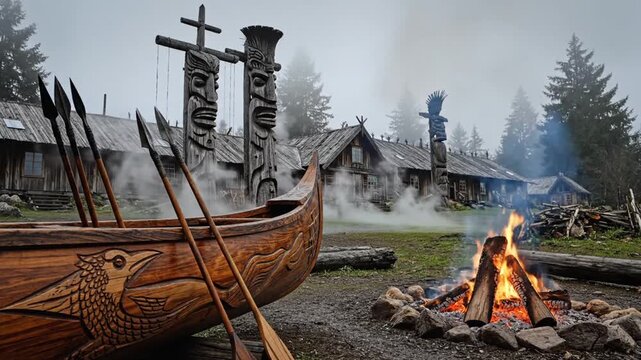 Ancient village scene with wooden canoe, totem poles, and campfire.