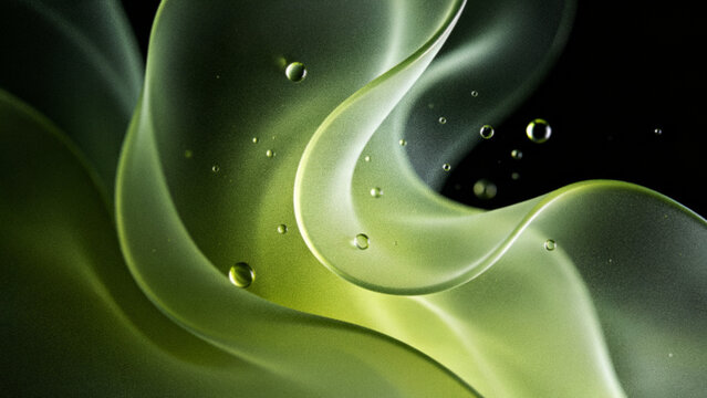 Abstract grainy glassmorphism background with blurred olivine green frosted glass wavy aura ribbon and floating fluid droplets over dark black backdrop design.