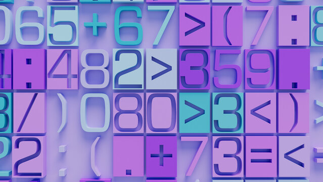 Vibrant 3D Geometric Shapes in Purple, Pink, and Blue Tones Arranged Randomly on Light Purple Background for Technology, Creative Design, and Blockchain Visuals
