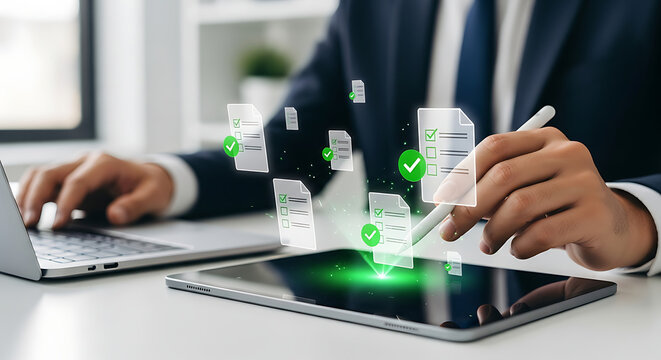 Businessman using a digital tablet to approve electronic documents with green checkmarks.
