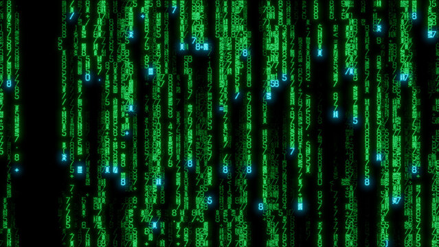 Intricate abstract digital pattern in vibrant green and blue shapes on a dark background, showcasing advanced technology, data visualization.