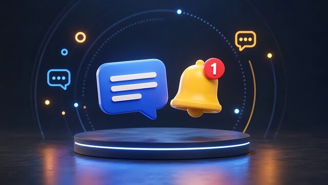 Chat and notification icons with unread message floating on futuristic podium