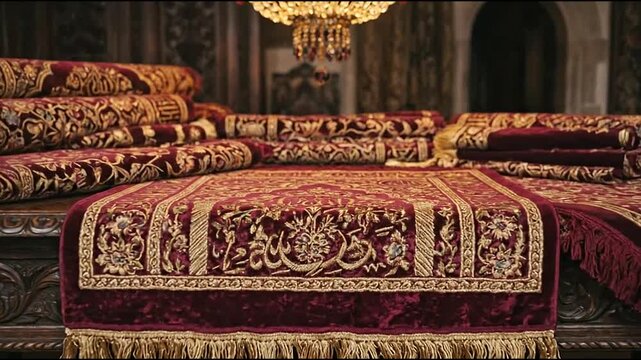 Ornate Persian rugs and cushions on traditional wooden sofa.