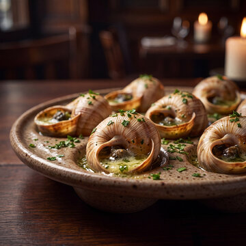 Gourmet French Escargots Baked in Bubbling Garlic Butter and Fresh Parsley, Served on a Rustic Plate at a Candlelit Restaurant