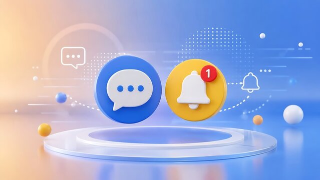Social media notification concept with unread message and bell icons floating on round podium