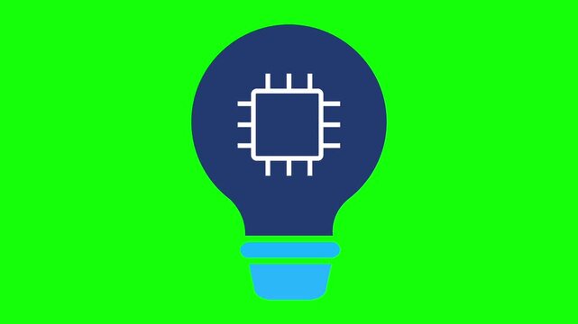 Smart AI Technology Light Bulb with Microchip Icon Animation on Green Screen Background