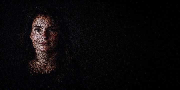 Digital ID Portrait of Woman with Face made up of Numbers and Symbols. Fraud detection Concept with copy-space.