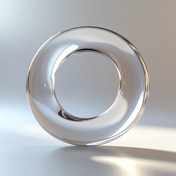 Smooth transparent glass torus, polished reflective surface, subtle internal refractions and delicate highlights, soft neutral background completely blurred, minimalist contemporary art aesthetic.