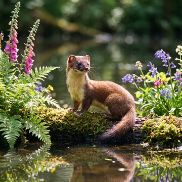A graceful stoat pauses cautiously on a sunlit, mossy branch above clear water, surrounded by an abundance of colorful spring flowers and green foliage.