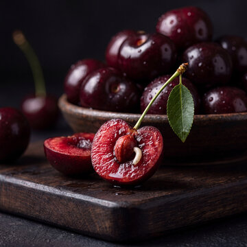 Close-up of Fresh Cherries with Water Droplets, Revealing a Worm Emerging from a Split Cherry on a Wooden Board