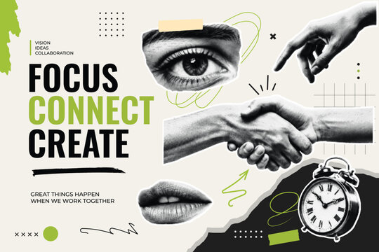 Halftone Collage with Eye, Handshake, and Alarm Clock. Focus Connect Create Typography for Business Teamwork. Vision Ideas Collaboration Concept in Retro Pop Art Style