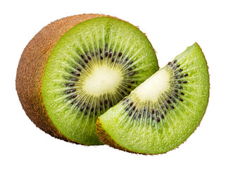 Obraz premium Whole kiwi fruit with a wide, vibrant slice removed, showcasing its juicy green flesh, white core.