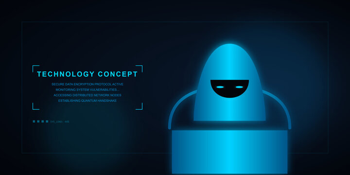 Abstract digital hooded figure interface with glowing cybernetic data