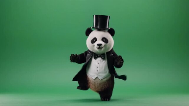 Dapper Panda Character Dancing with Joy in Formal Attire on Green Screen Background