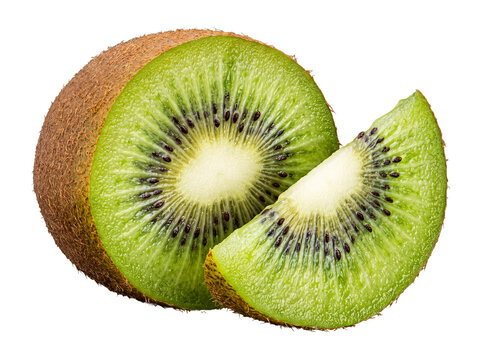 Whole kiwi fruit with a wide, vibrant slice removed, showcasing its juicy green flesh, white core.