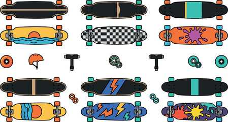 Skateboard and Longboard Icon Set Vector Illustration with Deck Patterns, Wheel, Helmet, Truck and Bearing Flat Design Collection for Extreme Sport Equipment © MstLaily