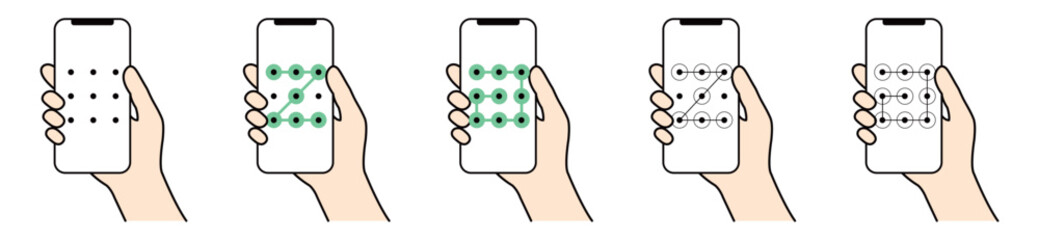 スマホのパターンロック入力と画面解除を行う手元のイラストセット © color