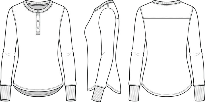 Women Long Sleeve Henley Shirt Technical Flat Sketch Vector Fashion Illustration Front Side Back View.